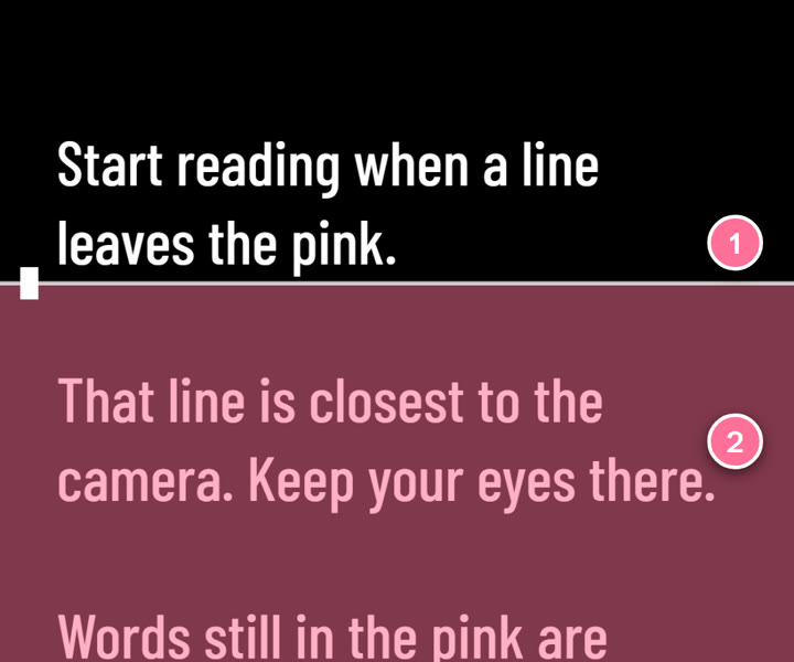 The prompter: a line that has just left the pink zone above the white marker (1), and lines still in the pink (2).